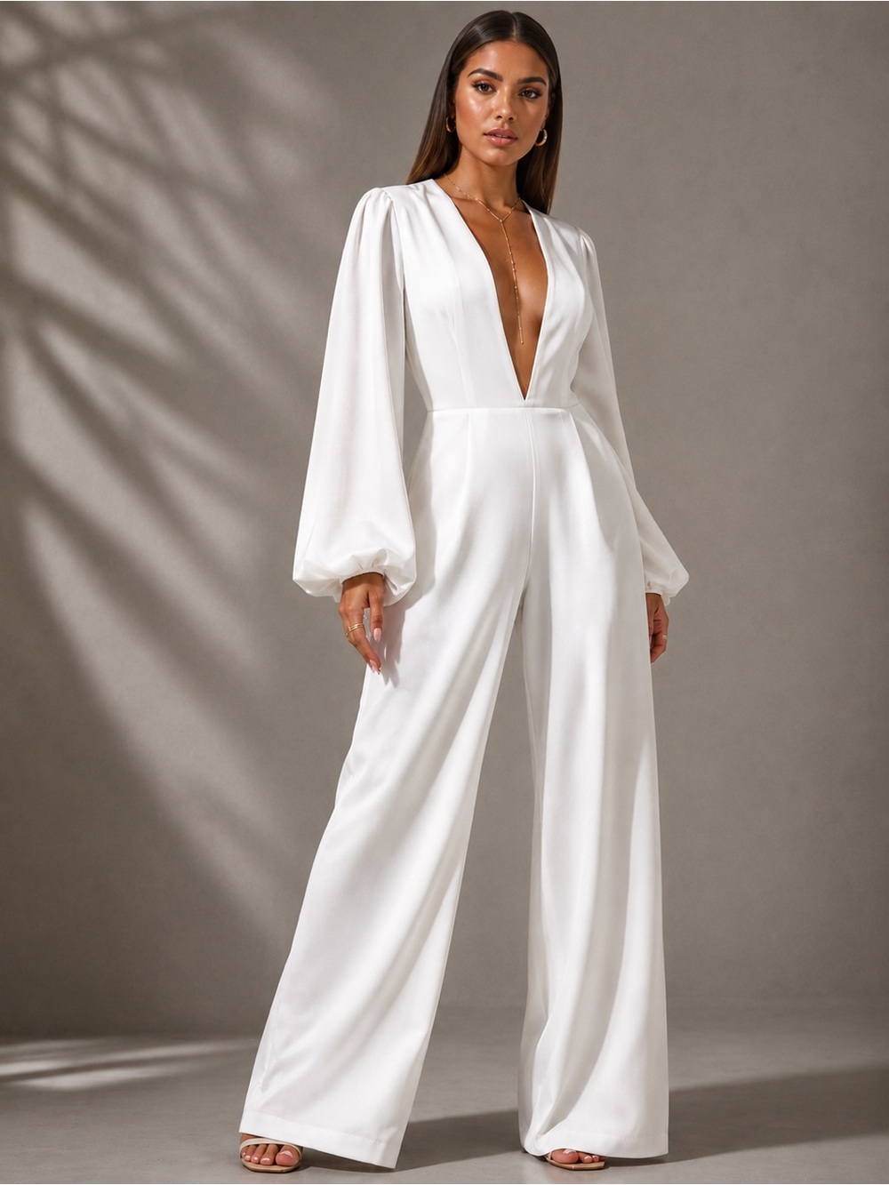 🩷. 1992-2H.  PrettyLittleThing White Wide Leg Jumpsuit with Long Sleeves